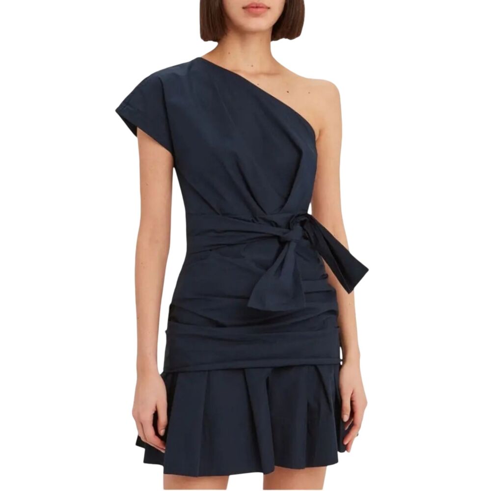 Derek Lam 10 Crosby Lulu One Shoulder Mini Dress Navy Bow Bubble Hem Size 8 NWOT